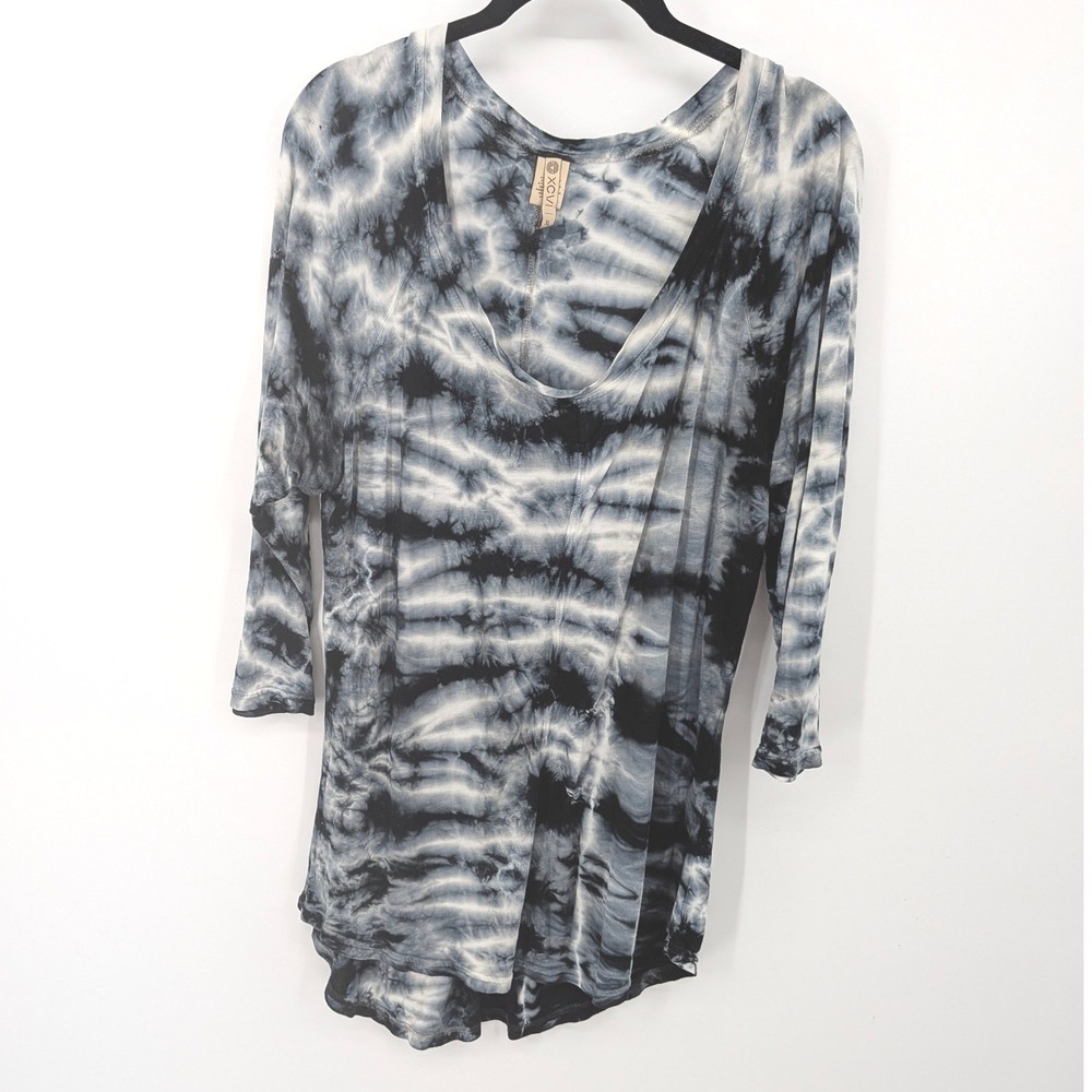 XCVI Tunic Top Women XL Black Gray Tie Dye 3/4 Sleeve V-Neck Rayon Lightweight